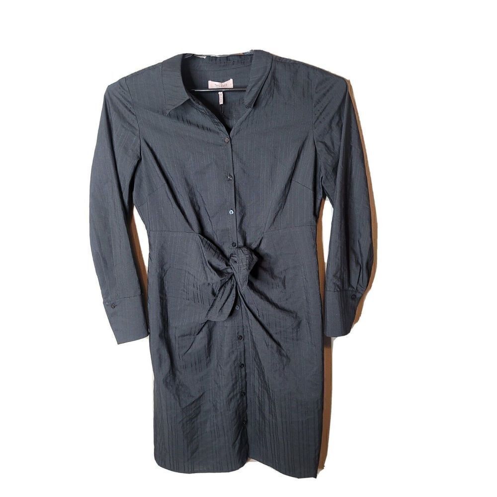 Rebecca Taylor Tailored NWT Black Dobby Stripe Tie Waist Shirt Dress Size 8 NEW